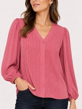 Dennis Basso Blouse Button Front Georgette Rhinestone Dusty Rose XS NEW
